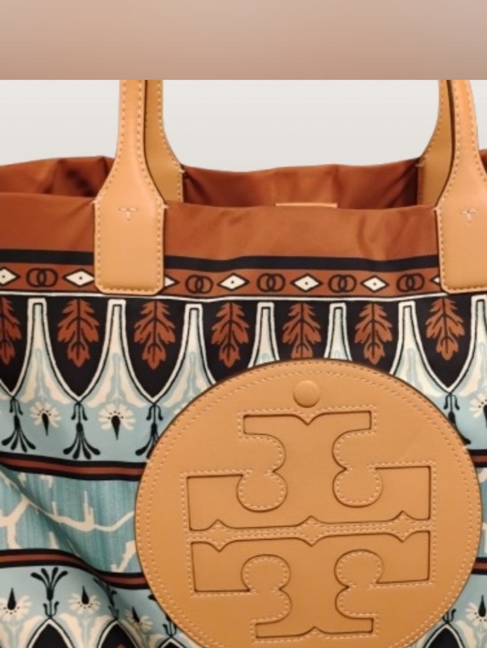 LIKE NEW Tory Burch Large Ella Tote - Tan Trim w/Aqua, Navy, Brown Pattern - Picture 6 of 15